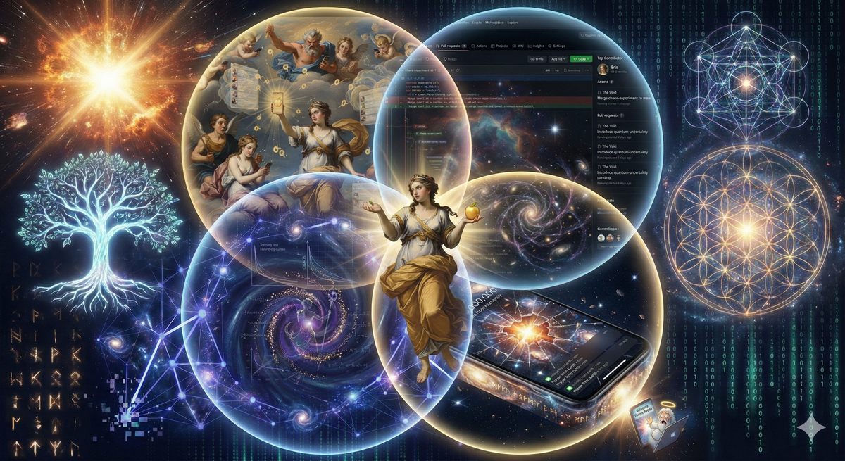 An impossible Venn diagram where all circles overlap perfectly, creating a tesseract-like structure that couldn't exist in normal geometry. Each circl