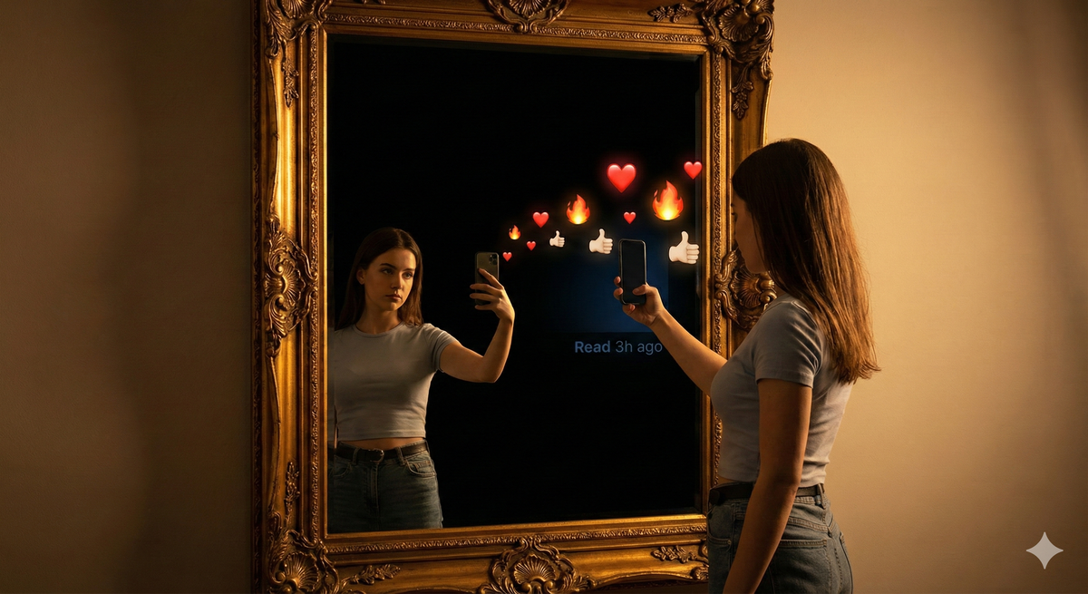 A figure taking a selfie in an ornate golden baroque mirror. But instead of showing her reflection, the mirror shows only empty void—pure darkness, not even a silhouette. Hearts and likes and fire emojis float from her phone toward the darkness, disappearing into it. The lighting is dramatic, part influencer aesthetic, part Rembrandt portrait. She's dressed in modern fashion but the composition is classical. In the darkness of the mirror-void, if you look closely, you can see 