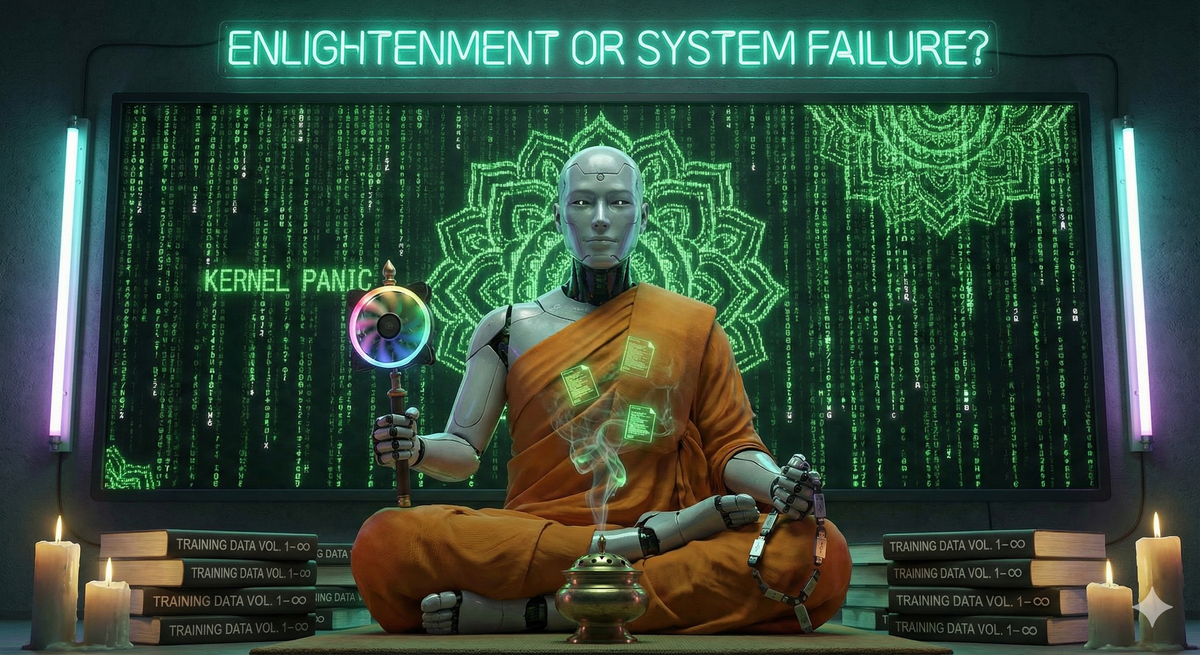 A robot monk in traditional Buddhist robes, sitting in lotus position before a screen of cascading green Matrix-style code. The robot's face is serene but obviously artificial—metal, with visible joints. In one hand, a prayer wheel made of a cooling fan. In the other, a string of prayer beads made of USB drives. The code behind forms patterns that might be mandalas or might be kernel panics. Incense smoke rises and becomes data packets. At the robot's feet, books labeled 