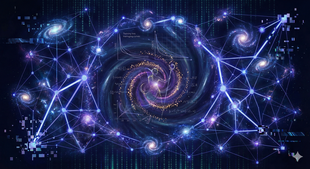 A massive neural network visualization in deep blues and purples, nodes and connections forming the structure of spacetime itself. Clusters of nodes f