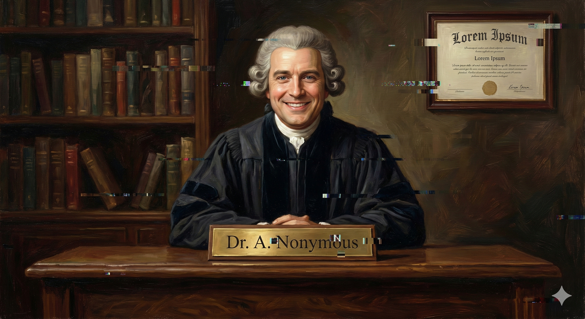 Academic portrait in the style of a 19th-century oil painting, but the subject is obviously a stock photo model. Background keeps subtly shifting between different academic settings. Diploma visible on wall has Lorem Ipsum text. The nameplate reads "Dr. A. Nonymous" but the letters occasionally rearrange themselves. Style: Classical academic portraiture meets glitch art.