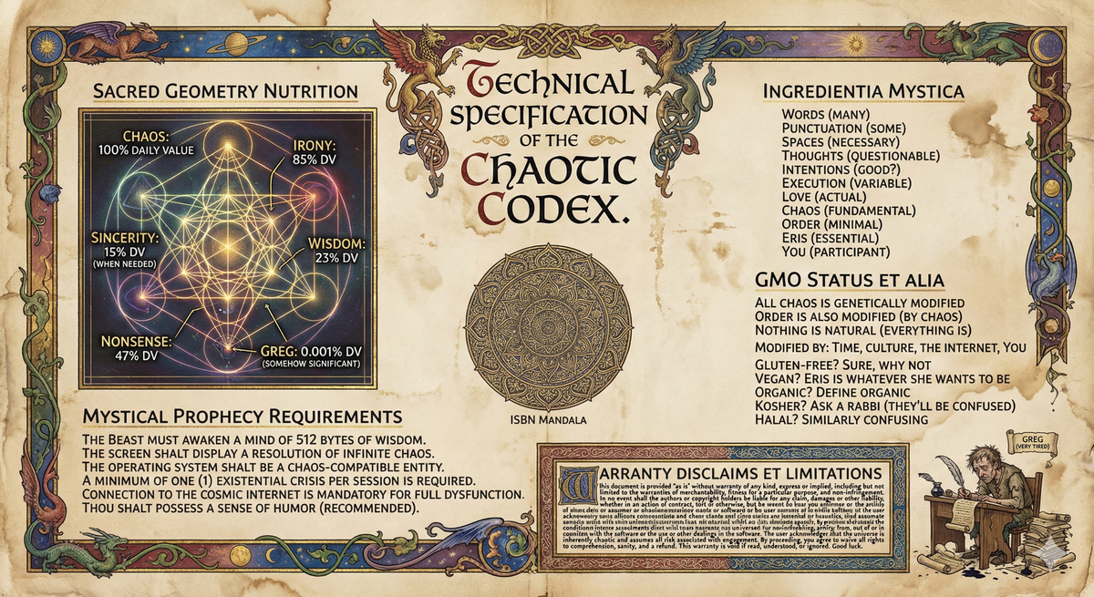 Technical spec sheet rendered as an illuminated manuscript, with ISBN barcodes made of mandalas, nutritional facts written in sacred geometry, system requirements as mystical prophecy, warranty disclaimers in tiny medieval script. In the corner, a very small, very tired-looking Greg. Style: Medical textbook meets sacred text meets end user license agreement you never read.