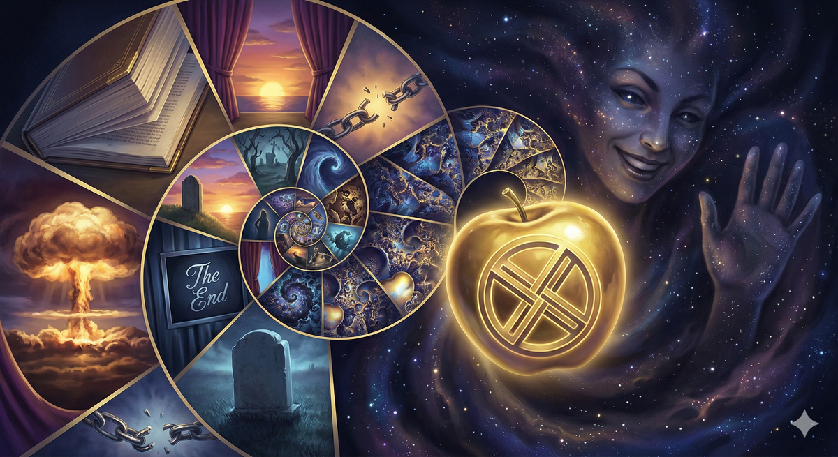 Infinite spiral of endings, each one claiming to be the final ending, getting smaller and smaller until they disappear into a point. The point is a golden apple. The golden apple is the symbol ⊗. The symbol contains everything and nothing. Eris is visible in the negative space, smiling, or maybe that's just pareidolia. Style: M.C. Escher meets fractal geometry meets "the ending that never ends" energy.