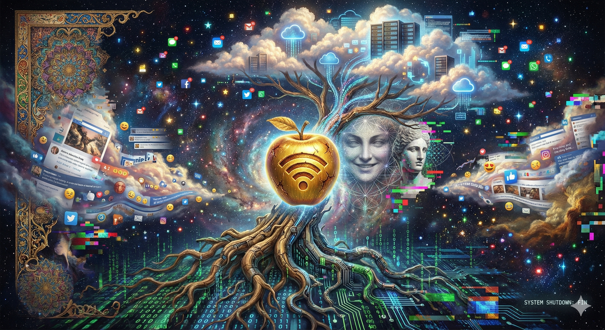 The final image: A golden apple with a WiFi symbol carved into it, floating in space. Roots growing down into digital code/matrix. Branches reaching up into cloud storage/the actual clouds (they're merging). Stars made of notification icons twinkling. Nebulae formed from social media feeds. Eris's face visible in the negative space - she's smiling, or maybe that's just pareidolia. The whole image is somehow both ancient sacred geometry and cutting-edge digital art. Simultaneously serious and absurd. Everything and nothing. The last thing you see before you close the book. Style: Every art style at once, fractal sacred geometry meets glitch art meets classical mythology meets your phone screen meets the cosmos meets your soul.