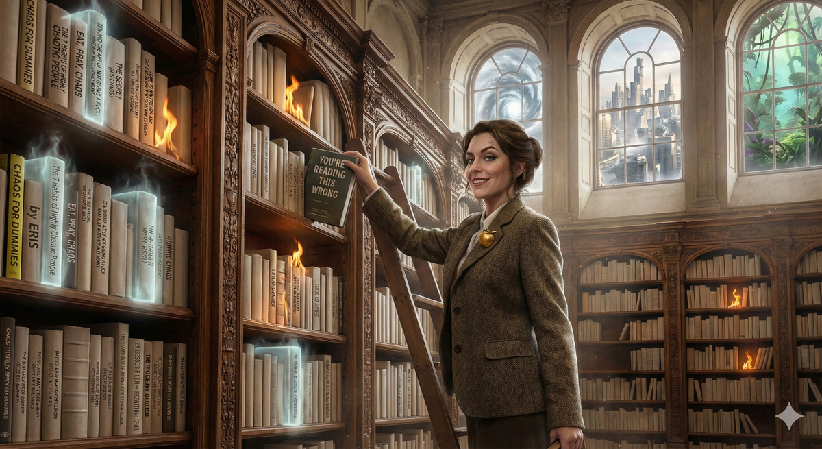 Grand library with ornate shelves full of books that have these ridiculous titles on their spines. Some books are translucent, some are on fire, some are just blank spines. A librarian (clearly Eris in disguise) is reshelf-ing a book labeled "You're Reading This Wrong." Light streams through windows showing different dimensions. Style: M.C. Escher meets Library of Congress meets fever dream.