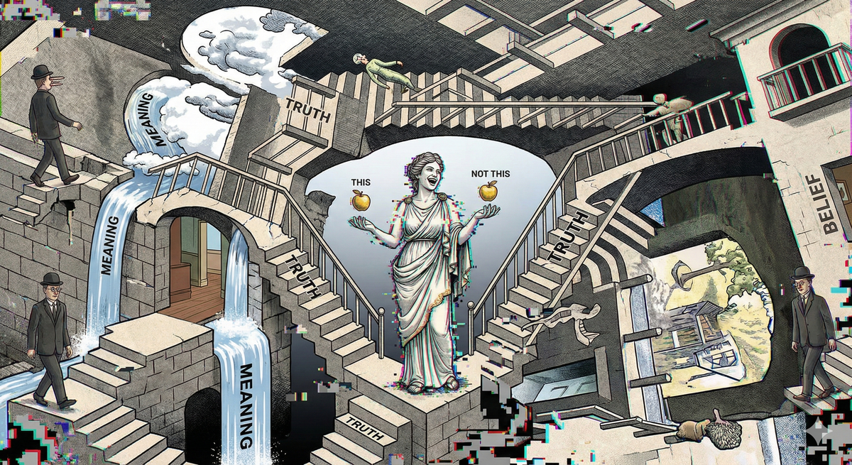 An Escher-style impossible structure made of philosophical concepts rendered as architectural elements. Staircases labeled 