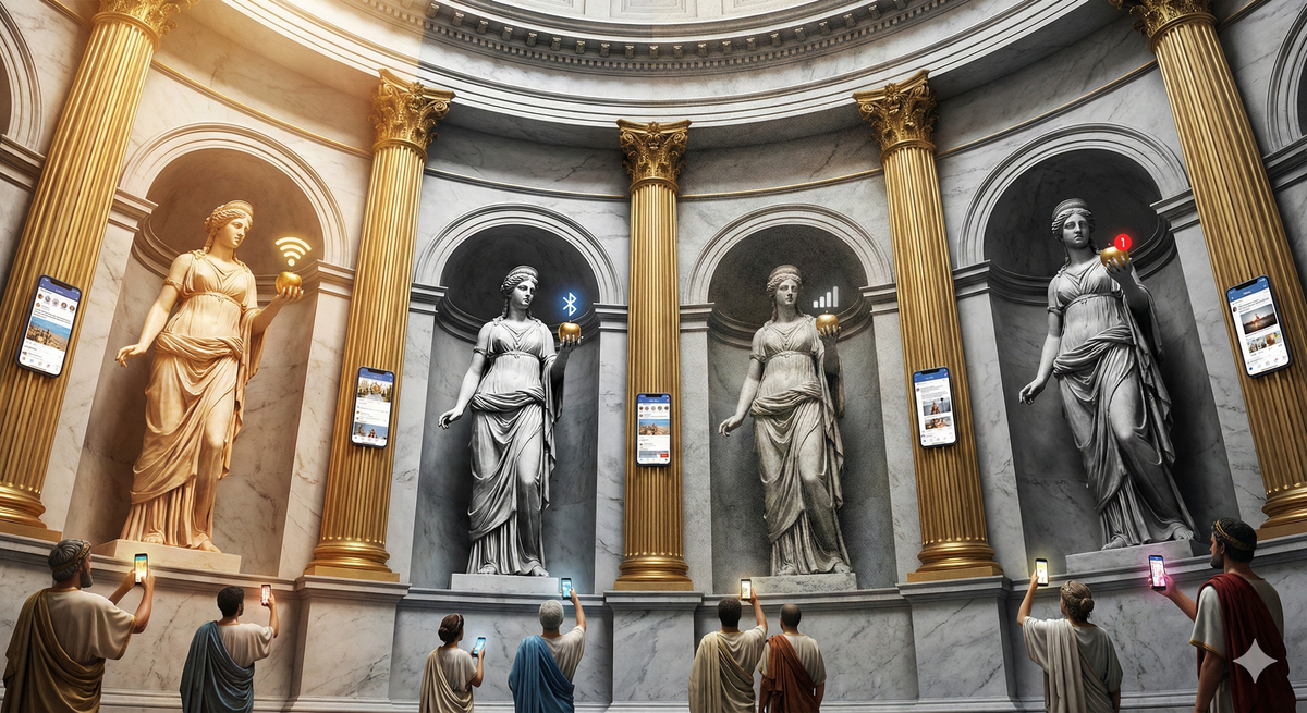 A grand pantheon in the style of classical Roman/Greek temple art, but instead of different gods, it's all Eris. Each version of Eris has different Instagram filters applied—one is Valencia, one is Clarendon, one is Lo-fi, one is dramatic black and white. Each holds a golden apple, but the apples have different symbols: WiFi, Bluetooth, cellular signal bars, notification badges, battery icons. The goddesses are simultaneously the same figure and completely different. The architecture is marble and gold, but smartphone screens are embedded in the columns. Divine light emanates from notification pings. At the base, worshippers hold up phones, receiving different versions of the same goddess.