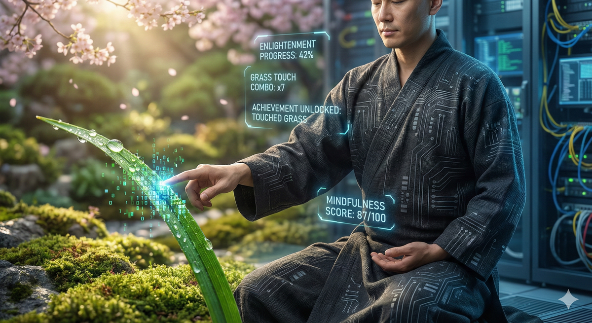 A serene cyberpunk monk in traditional robes, kneeling in a meditation pose, reaching out to touch a single blade of grass. The grass is rendered in ultra-realistic detail, organic and alive. Where the monk's finger touches the grass, it pixelates and becomes digital code, then resolves back into real grass in a continuous cycle. Around the monk, a HUD displays: 