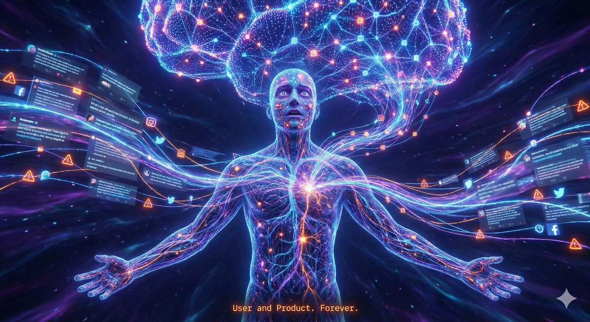 A human figure standing in a vast digital space, their body composed of translucent layers showing a neural network structure. Training data flows through them like blood—visible as streams of glowing text, images, and interactions. The person is simultaneously feeding data into an enormous algorithmic structure in front of them (represented as a massive, pulsing neural network in the sky) and being fed recommendations from it. The data flow is a perfect ouroboros—the person feeds the algorithm, the algorithm feeds the person, in an infinite loop. The aesthetic is simultaneously beautiful and horrifying. Color palette: electric blue, deep purple, and warning-sign orange. The person's expression is somewhere between ecstasy and exhaustion. At the bottom, in small text: 