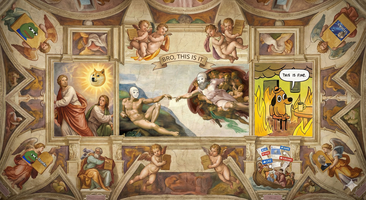 The Sistine Chapel ceiling, but Michelangelo's famous scenes are replaced with memes. God reaching out to Adam, but they're both Wojaks. The creation of the sun and moon is the Distracted Boyfriend meme. The expulsion from Eden is 'This Is Fine' dog. The flood is represented by an overwhelming feed scroll. Angels are holding phones showing different memes. Cherubs are posting. The whole composition maintains the grandeur and sacredness of the original while completely subverting it with image macro theology. Painted with the same reverence Michelangelo showed, but the content is purely contemporary internet culture. The color palette is Renaissance-traditional, but the subject matter is extremely online. Style: High Renaissance meets extremely online, executed with complete sincerity and absolute absurdity.