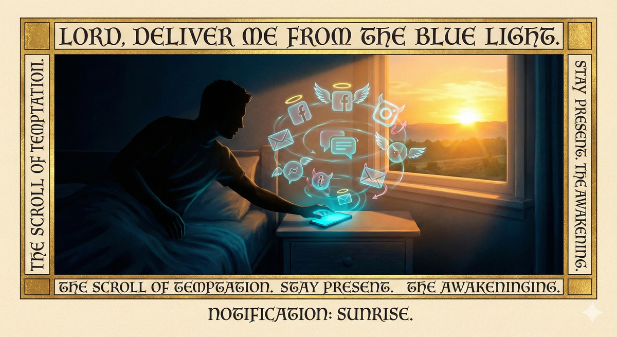 A figure in bed, silhouetted by morning light streaming through a window. Their hand is reaching toward a glowing smartphone on the nightstand, fingers inches away from touching it. The phone radiates an ominous blue light. Around the figure, translucent images of notifications, messages, and social media icons swirl like demons or angels (hard to tell which). In the background, through the window, there's a beautiful sunrise—nature's notification badge. The person's face shows the internal struggle: the desire to stay present versus the compulsion to check. Prayer text appears as illuminated manuscript script around the border. The aesthetic is part medieval devotional art, part smartphone addiction PSA, part Buddhist mandala of temptation. Color palette: warm sunrise oranges and golds vs. cold phone blues.