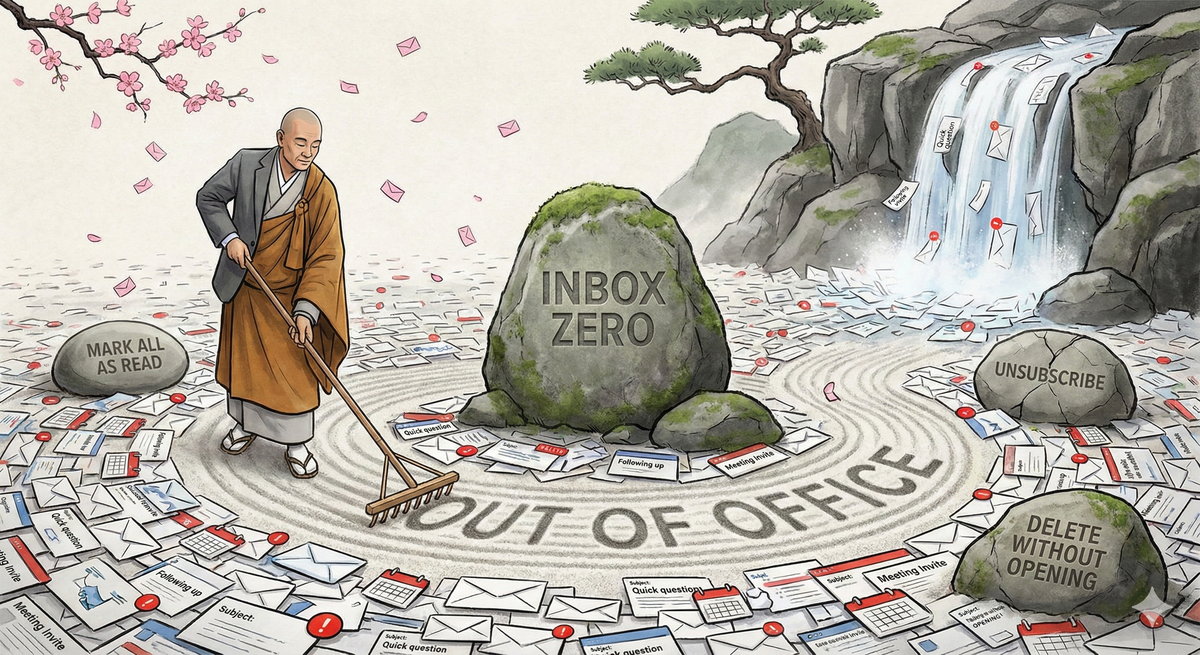 A Zen garden where the sand is made of unread emails, notifications, meeting invites, and 'just following up' messages. A monk in business casual attire rakes the emails into patterns that spell out 'Out of Office.' Cherry blossoms falling are actually tiny envelopes. In the center, a stone with 'Inbox Zero' carved on it—it's covered in moss and clearly hasn't been achieved in years. Other stones read 'Mark All as Read' (polished smooth from frequent use), 'Unsubscribe' (cracked but present), and 'Delete Without Opening' (hidden under email sand). The monk's face shows perfect peace despite the chaos. In the background, a waterfall of emails continuously flows into the garden. Style: Traditional Japanese Zen art meets corporate hellscape, executed with reverence for both traditions.
