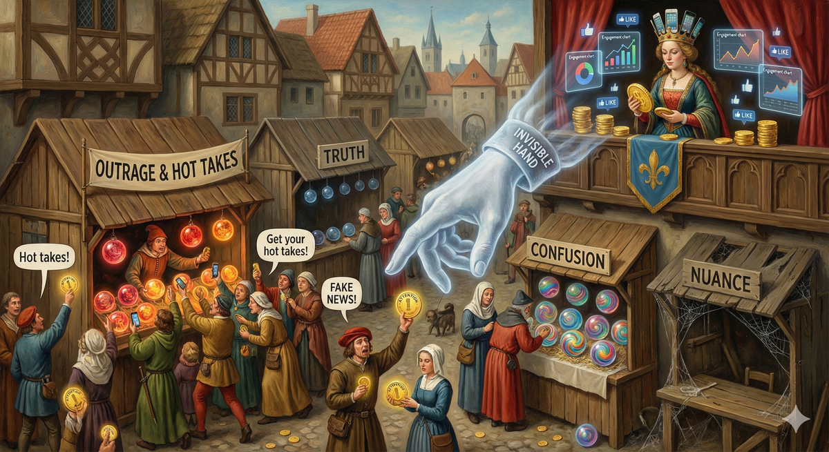 A bustling medieval marketplace, but instead of goods, the stalls sell glowing orbs of ideas—some shine with truth (dim, ignored), others pulse with outrage (bright, popular), some swirl with confusion (cheap). Merchants hawk their wares: Hot takes! Get your hot takes! Crowds gather around the brightest, most volatile orbs. In one corner, a neglected stall marked NUANCE has cobwebs. Above it all, Eris stands on a balcony dressed as a merchant queen, counting coins made of attention, charts of engagement metrics floating around her like cherubs. The invisible hand of the market is literally visible—her hand, transparent and enormous, guiding people toward the most chaotic stalls. In the crowd, people hold their attention like currency, trading it for takes. Some are addicted, others are leaving but looking back. Style: Hieronymus Bosch meets contemporary social media aesthetics, executed with medieval precision for modern absurdity.