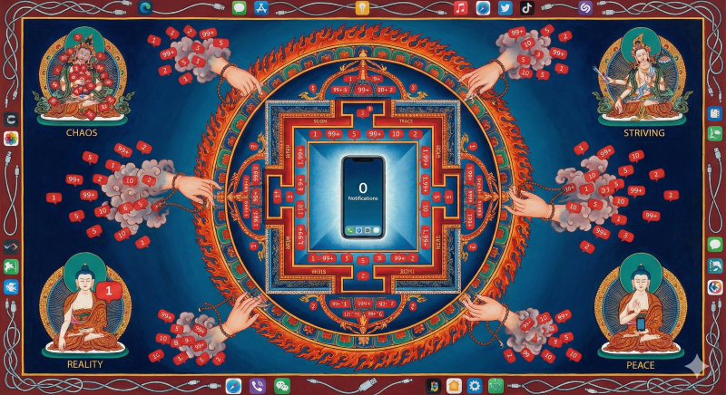 A Buddhist mandala of infinite complexity, but upon closer inspection, every geometric pattern is composed of notification badges—red circles containing numbers, all radiating from a central void. The void is a phone screen showing zero notifications, but the emptiness is luminous and slightly terrifying. Around the outer edge, hands reach inward toward the mandala, trying to clear the badges, but the badges multiply faster than they can be cleared. The color palette is traditional Buddhist art (gold, red, deep blues) but the subject matter is purely digital anxiety. At the four cardinal points, different states: fully badged (chaos), partly cleared (striving), empty (peace), and immediately refilling (reality). Style: Tibetan thangka painting meets interface design meets meditation on impermanence.