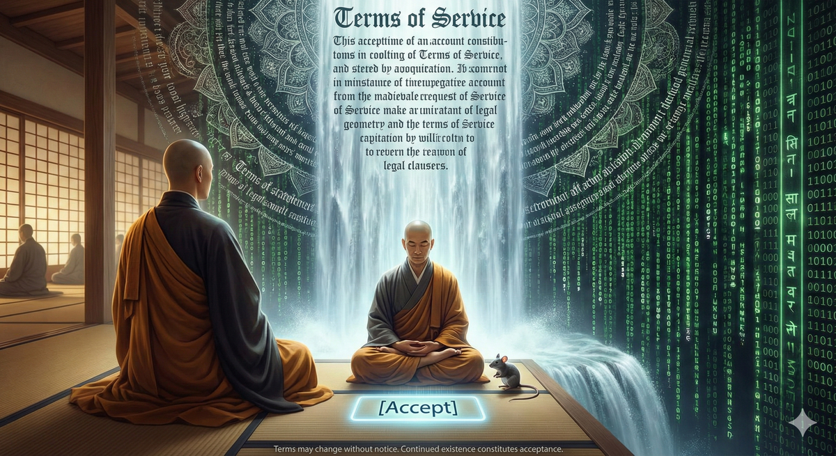 An infinite scroll of Terms of Service text, rendered in beautiful calligraphy like a medieval manuscript. The text flows like a waterfall, like the Matrix code, never-ending. A Zen monk sits in lotus position before this cascade of text, perfectly still, enlightened. Their hand is on a mouse, hovering over a glowing [Accept] button. Around the edges, the text forms mandala patterns—legal clauses becoming sacred geometry. In the background, other figures are also sitting before their own infinite Terms, all preparing to click Accept. The style is half Zen minimalism, half corporate dystopia, executed with reverence for both. Binary code and Sanskrit intermingle in the margins. At the bottom, barely visible: Terms may change without notice. Continued existence constitutes acceptance.