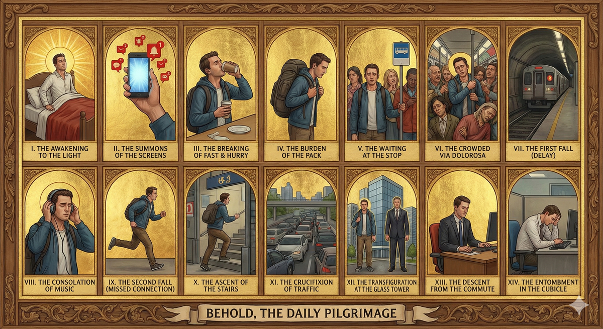Fourteen panels arranged like the traditional Stations of the Cross, but each depicts a stage of the modern commute. Panel 1: Figure leaving bed, halo of morning light. Panel 2: Hand reaching for glowing phone, demonic notification badges circling. Panel 6: Crowded train car, figures pressed together in shared suffering, rendered like Renaissance martyrdom. Panel 12: Figure arriving at office building, transforming from casual to professional self. Style is traditional religious iconography—think medieval altarpiece—but the content is purely contemporary commute suffering. Gold leaf backgrounds. Each station labeled in elaborate script. The commuter appears as the same figure throughout, bearing their burden (a backpack or bag) like a cross. At the bottom: 'Behold, the Daily Pilgrimage.'