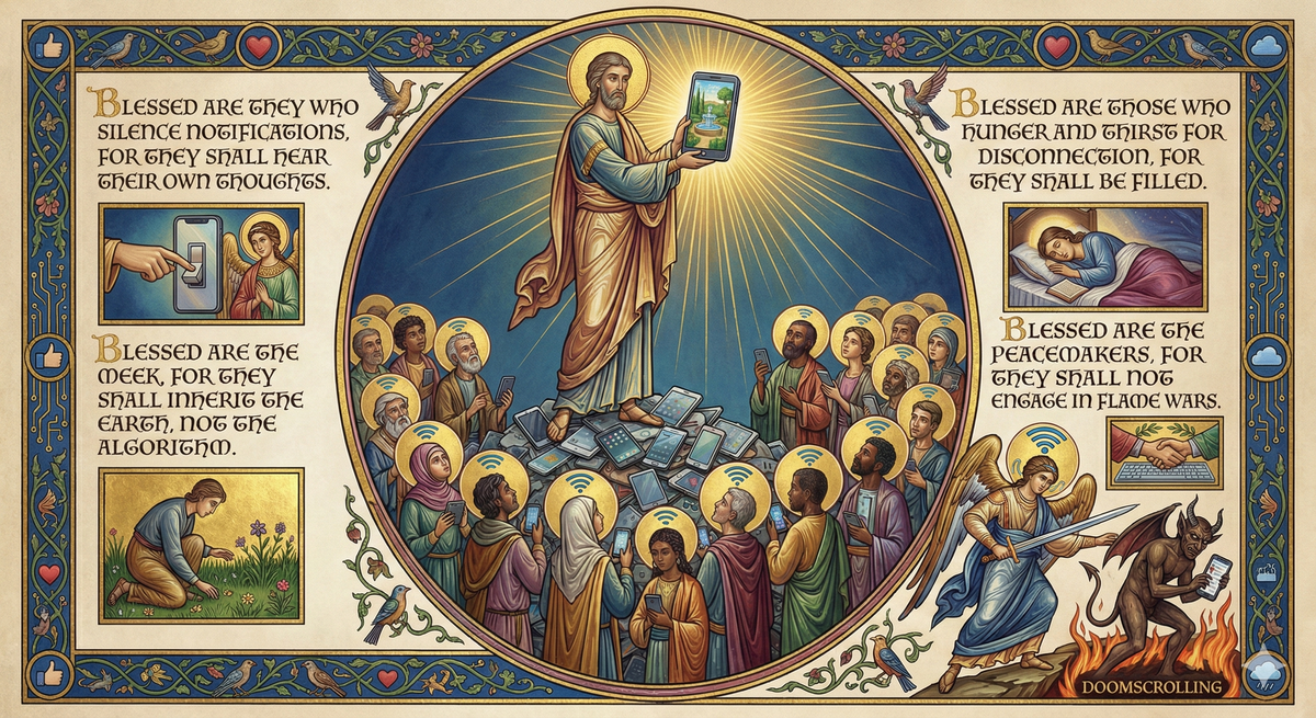 A medieval illuminated manuscript page, but instead of the Sermon on the Mount, it's the Sermon on the Phone Mount—a figure standing on a pile of old smartphones, addressing a crowd all holding devices. Each beatitude is written in golden letters down the margins, decorated with images: a notification badge being turned off (blessed), a person touching grass (blessed), someone peacefully sleeping (blessed). The central image shows hands holding a phone, but the screen reflects not the user's face but a garden, suggesting the dual nature of digital life. Style: Byzantine iconography meets contemporary life, executed with complete sincerity. The blessed figures have halos made of wifi symbols. At the bottom, a demon of doomscrolling is being cast out. The whole composition suggests that digital life can be holy if approached mindfully.