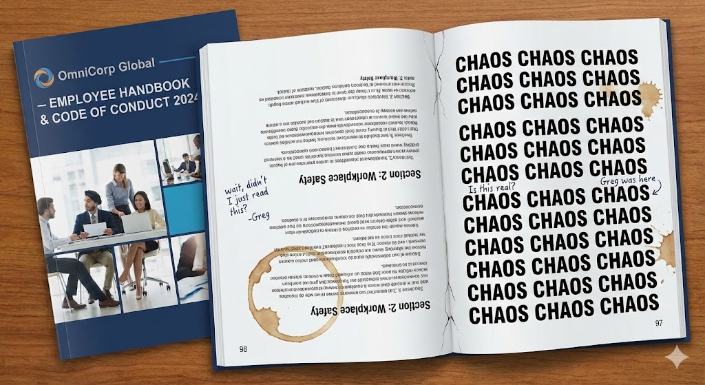 Professional corporate employee handbook with slick design, but page numbers go backwards, sections repeat, some text is upside down, margin notes in handwriting say things like 'is this real?' and 'Greg was here.' One page is just the word 'CHAOS' repeated. Coffee stains strategically placed. Looks official and completely insane simultaneously. Style: Corporate handbook meets art project meets evidence of someone's breakdown.
