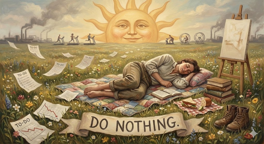 A graph showing three different productivity trajectories: the promise of infinite growth that never materializes, the reality of burnout cycles with peaks and crashes, and the Discordian alternative of a flat line at 'good enough' - sustainable and content. A figure sits peacefully doing nothing while others frantically chase the ever-rising line.