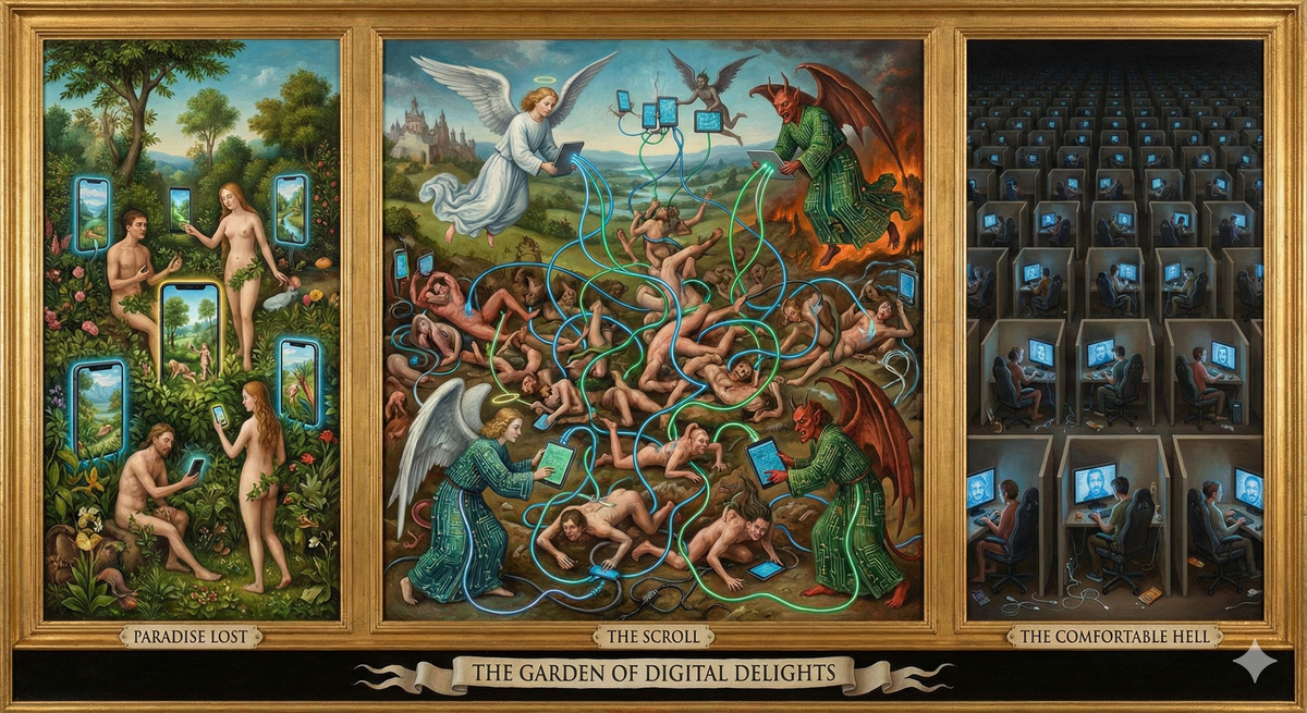 A circuit board mandala with Eris at the absolute center, but the center is also everywhere (topological impossibility engaged). Data streams flow from her like divine light, forming sacred geometric patterns that are also network diagrams. The cloud appears as Mount Olympus made of servers, angels are notification pings, demons are error messages. Smartphones are prayer beads. The algorithm is depicted as an all-seeing eye made of camera lenses. Social media feeds flow like rivers, carrying tiny human figures downstream. At the edges, the binary dissolves into analog, the digital becomes natural, the circuit board grows moss. The whole thing suggests that the sacred and the technological are not separate categories but interpenetrating realities. Style: Tibetan mandala meets server room meets mystical vision meets tech diagram, executed with complete sincerity about the divinity of the digital.