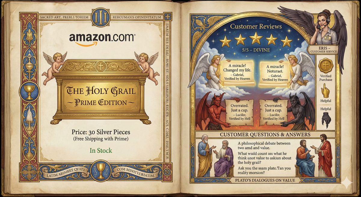 Amazon product page rendered as sacred manuscript. The five-star rating system appears as sacred stars in the heavens. Customer reviews are written on scrolls held by angels and demons. 