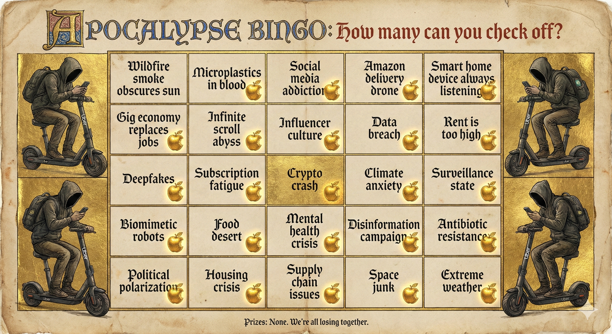 Apocalypse bingo card, but instead of traditional apocalyptic imagery (four horsemen, trumpets, seals), each square contains a mundane contemporary horror: 