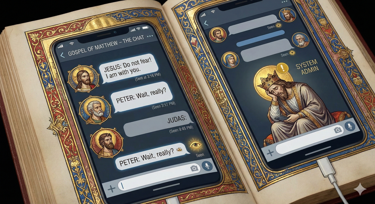 Medieval illuminated manuscript style, but the pages are smartphone screens. Each 