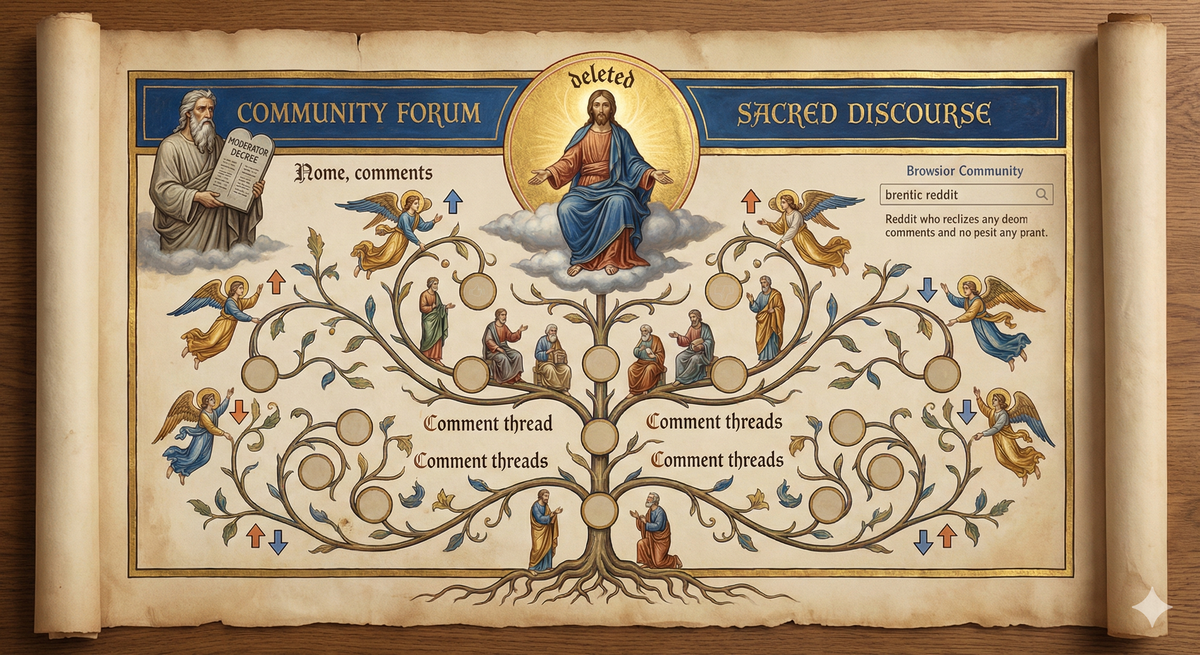 Ancient scroll painted to look like a Reddit page. The OP appears as a divine figure with a halo that says 