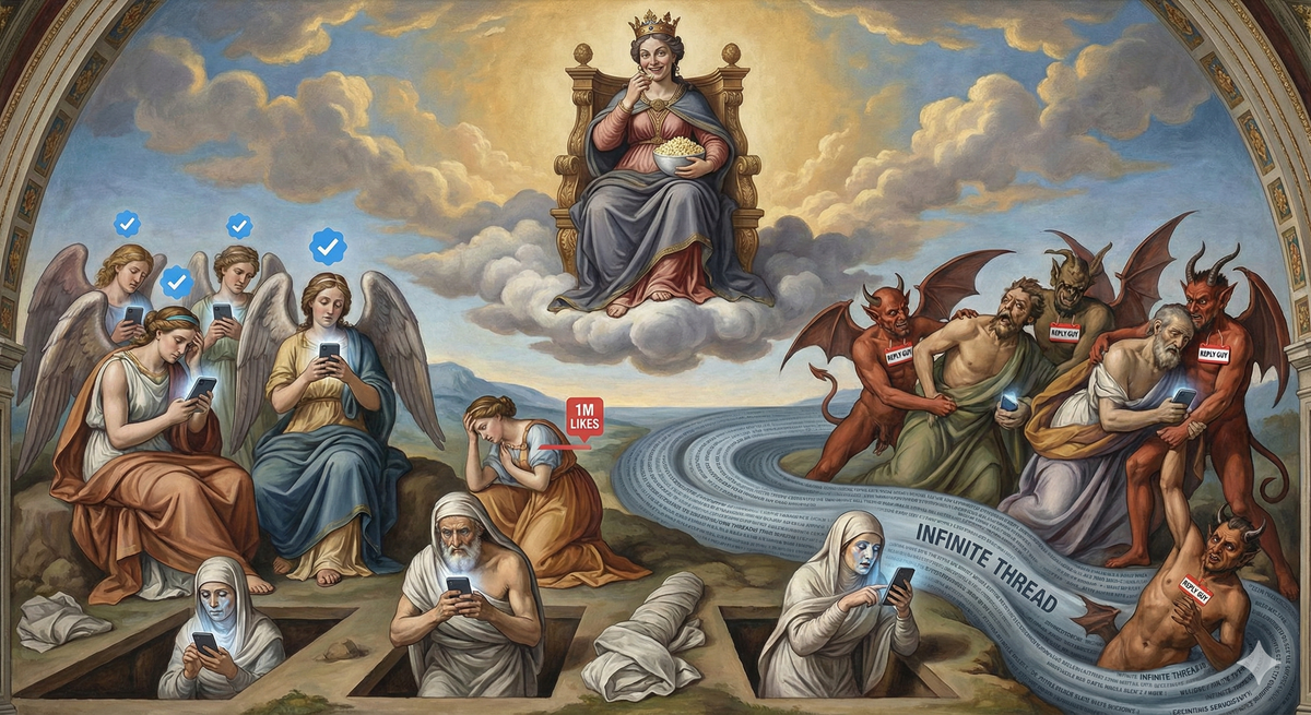 Final Judgment Day in the style of Michelangelo's Sistine Chapel ceiling, but everyone is holding phones. Eris sits on the throne where God usually sits, eating popcorn, looking entertained. The damned are those who got ratio'd. The saved are those who went viral (but they don't look happy about it). The angels are blue checkmarks. The demons are reply guys. The River Styx is an infinite Twitter thread. In the foreground, the dead rise from their graves, immediately check their phones, and join the discourse. The whole scene is simultaneously classical religious art and extremely online. The color palette is renaissance fresco meets Twitter blue meets notification red. Everyone looks exhausted but can't stop engaging.