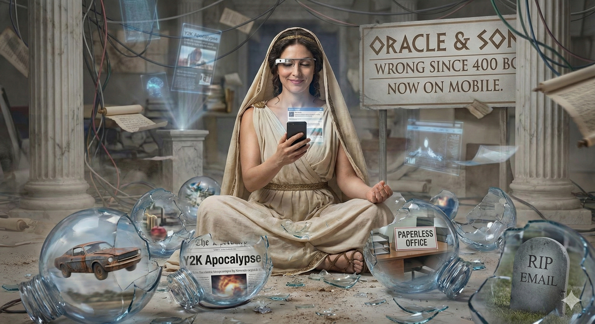 Oracle surrounded by broken crystal balls, each showing a different failed prediction. She's looking at a smartphone (the modern oracle tool) with complete confidence despite being wrong about everything. Around her, the past, present, and future blur together in a confusing mess. Ancient Greek Oracle aesthetic meets contemporary failed punditry. She's wearing traditional robes but also Google Glass (which failed as predicted). The crystal balls show: flying cars that never came, the Y2K apocalypse that didn't happen, the paperless office that never materialized, the death of email that never occurred. Despite being wrong about everything, her expression is serene and confident. This is oracle energy.