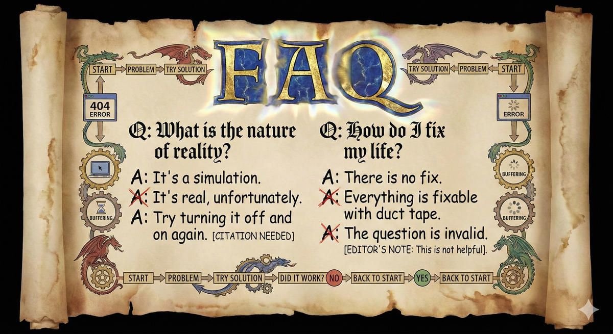 An ancient scroll or manuscript, but the text keeps changing when you look at it. Illuminated letters that spell 'FAQ' but the answers beneath each question shift and contradict themselves. In the margins, elaborate decorations that are flowcharts, but all paths loop back to the beginning. The style is medieval manuscript meets quantum uncertainty meets tech support documentation. Questions written in ornate calligraphy, answers written in Comic Sans (the most chaotic font). Some answers have been crossed out and rewritten. Some have editor's notes saying 'citation needed.' The whole thing suggests that even asking the question changes the answer.