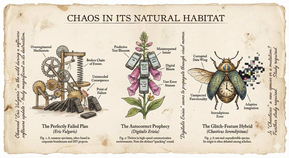 A naturalist's field guide illustrated in the style of Audubon or vintage botanical drawings, but instead of birds and plants, it shows 'Chaos in its natural habitat.' Detailed illustrations of: 'The Perfectly Failed Plan (Eris Vulgaris),' 'The Autocorrect Prophecy (Digitalis Erisia),' 'The Glitch-Feature Hybrid (Chaoticus Serendipitous).' Each has scientific-style labels pointing to key identifying features. In the margins, handwritten notes like a field researcher's journal. The aesthetic is Victorian naturalism meets contemporary chaos theory.