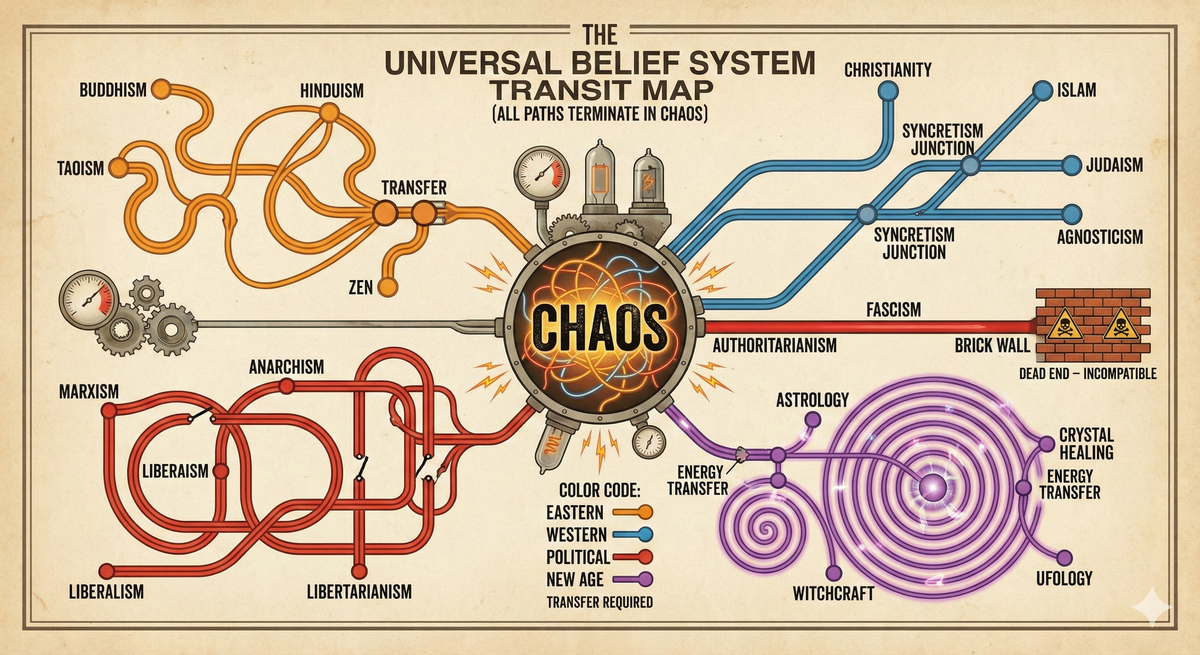An infographic in the style of a vintage subway map or circuit diagram. Different belief systems are 'stations' or 'nodes' connected by lines of compatibility. All paths lead to a central hub labeled 'Chaos.' Some paths are direct (straight lines), others are circuitous (spirals and loops), some require transfers (combining beliefs). The 'incompatible' beliefs are shown as dead-end stations off the main network, marked with warning symbols. Color-coded by tradition: Eastern philosophies in orange, Western religions in blue, political philosophies in red, New Age stuff in purple. The whole thing is beautiful, complex, and suggests that all roads lead to chaos if you follow them far enough—except the fascism road, which just ends at a brick wall.